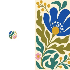 May include: A rectangular art print featuring a large blue flower with a yellow center, surrounded by olive green leaves, small pink flowers, and yellow berries on a cream background, with a small circular icon showing a similar pattern.
