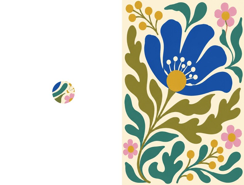 May include: A rectangular art print featuring a large blue flower with a yellow center, surrounded by olive green leaves, small pink flowers, and yellow berries on a cream background, with a small circular icon showing a similar pattern.