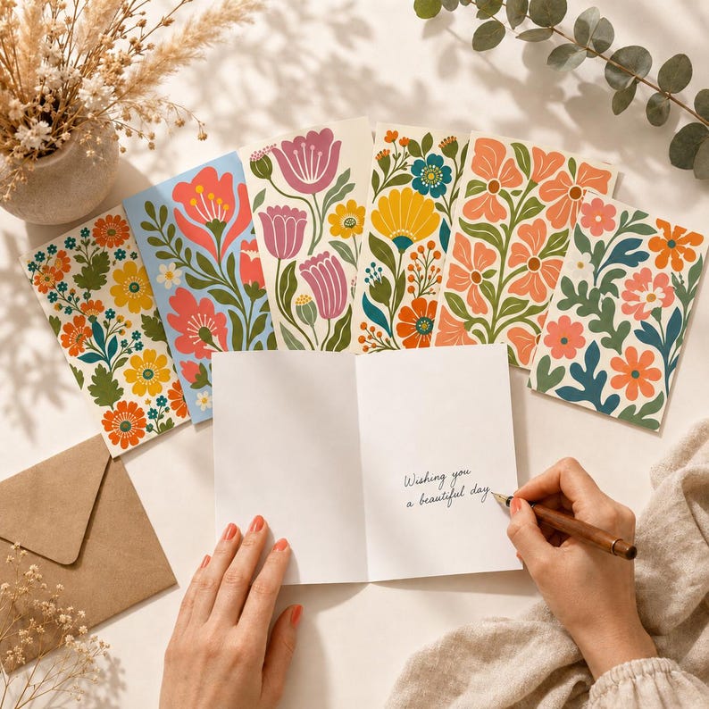 May include: A set of folded greeting cards featuring colorful floral patterns in shades of orange, pink, yellow, and blue. One card is open, displaying the handwritten text 'Wishing you a beautiful day' in black ink on the white interior page.