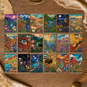Peut inclure: Un ensemble de dix-huit cartes artistiques rectangulaires présentant des illustrations colorées et vives de paysages, de faune et de flore nord-américains variés, incluant des montagnes, des forêts, des déserts, des rivières et divers animaux comme des loups, des ours et des bisons.