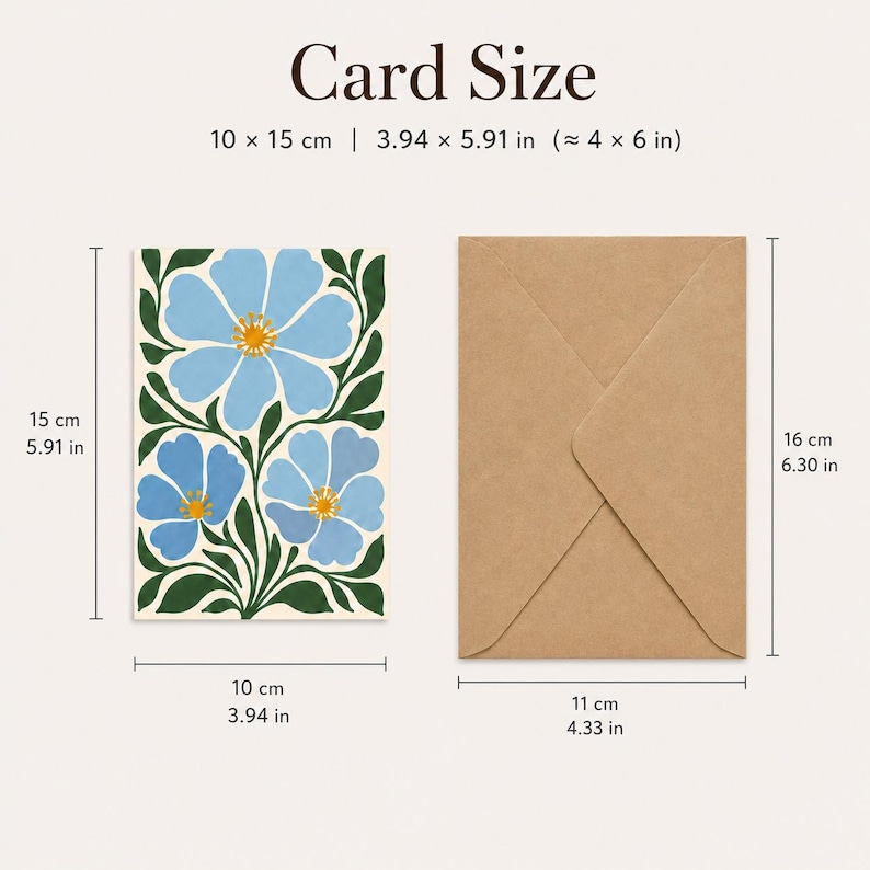 May include: A rectangular greeting card featuring a blue floral illustration with green leaves on a cream background, paired with a brown kraft envelope. Text indicates Card Size 10 x 15 cm or 3.94 x 5.91 inches, with envelope dimensions of 11 x 16 cm or 4.33 x 6.30 inches.