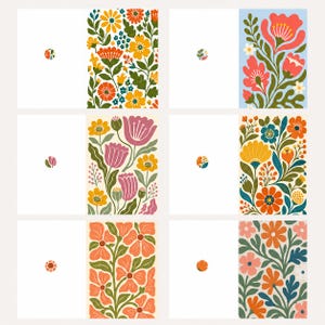 May include: Six rectangular greeting cards arranged in a grid, each featuring a vertical floral pattern on the right side and a small circular floral icon on the left. The designs include various botanical illustrations in orange, yellow, pink, and blue.