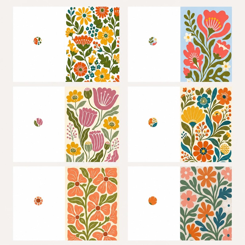 May include: Six rectangular greeting cards arranged in a grid, each featuring a vertical floral pattern on the right side and a small circular floral icon on the left. The designs include various botanical illustrations in orange, yellow, pink, and blue.