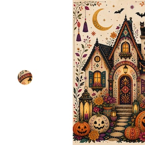 May include: A rectangular illustration featuring a house with a steep roof, a black cat on the chimney, and a crescent moon above. The scene includes glowing lanterns, carved jack-o'-lanterns, colorful floral patterns, and hanging tassels.