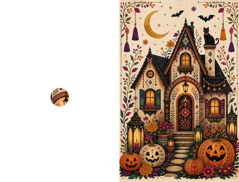 May include: A rectangular illustration featuring a house with a steep roof, a black cat on the chimney, and a crescent moon above. The scene includes glowing lanterns, carved jack-o'-lanterns, colorful floral patterns, and hanging tassels.