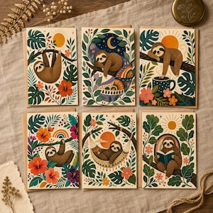 Juego de 6 tarjetas de felicitación con diseño botánico de perezoso, tarjetas de felicitación en blanco de 4x6 pulgadas.