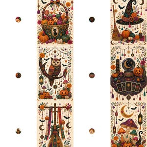 May include: A vertical decorative strip featuring six distinct panels with Halloween-themed illustrations including a candy-filled basket, an owl on a crescent moon, a broomstick, a witch hat, a crystal ball with tarot cards, and colorful mushrooms.