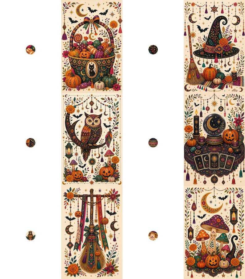 May include: A vertical decorative strip featuring six distinct panels with Halloween-themed illustrations including a candy-filled basket, an owl on a crescent moon, a broomstick, a witch hat, a crystal ball with tarot cards, and colorful mushrooms.