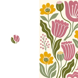 May include: A rectangular print featuring a floral pattern on a cream background. The design includes stylized pink tulips, yellow flowers, and green leaves, along with small pink berry-like clusters and green buds, arranged in a dense, vertical composition.