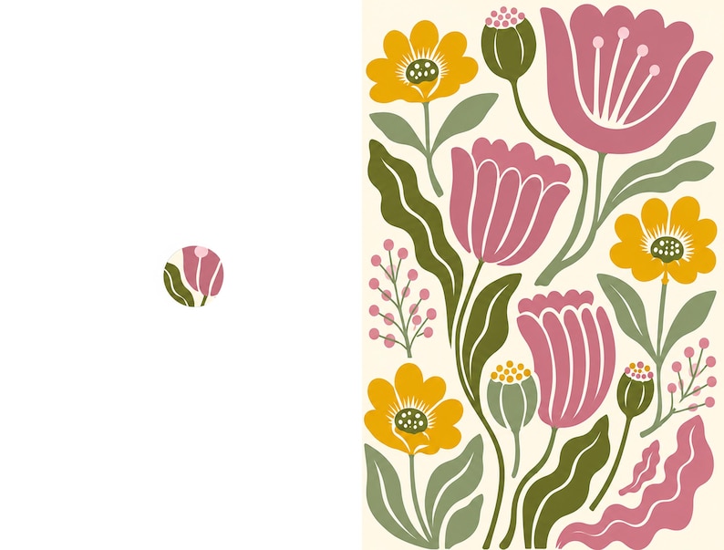 May include: A rectangular print featuring a floral pattern on a cream background. The design includes stylized pink tulips, yellow flowers, and green leaves, along with small pink berry-like clusters and green buds, arranged in a dense, vertical composition.
