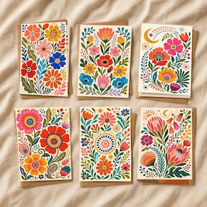 Juego de tarjetas de felicitación Boho Wildflower, papelería floral folclórica para regalo (6 tarjetas)