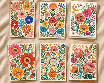 Boho Wildflower Greeting Cards Set, Folk Floral Stationery Gift (6 Cards)