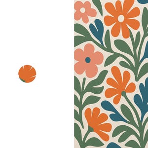May include: A rectangular print featuring a repeating floral pattern on a cream background. The design includes stylized orange, pink, and white flowers with dark teal and green leaves. A small orange circular icon is positioned to the left.