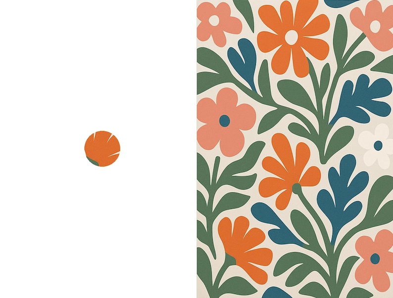May include: A rectangular print featuring a repeating floral pattern on a cream background. The design includes stylized orange, pink, and white flowers with dark teal and green leaves. A small orange circular icon is positioned to the left.