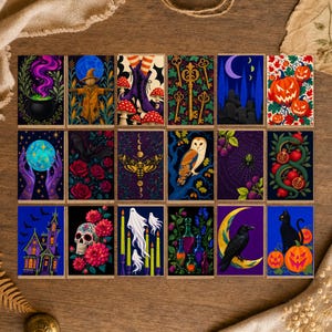 May include: A collection of eighteen rectangular cards featuring diverse Halloween-themed illustrations including a bubbling cauldron, a scarecrow, mushrooms, ornate keys, a graveyard, jack-o'-lanterns, a crystal ball, roses, a moth, an owl, a spider, a snake, a haunted house, a sugar skull, ghosts, potion bottles, a raven on a crescent moon, and a black cat.