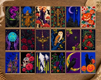 May include: A collection of eighteen rectangular cards featuring diverse Halloween-themed illustrations including a bubbling cauldron, a scarecrow, mushrooms, ornate keys, a graveyard, jack-o'-lanterns, a crystal ball, roses, a moth, an owl, a spider, a snake, a haunted house, a sugar skull, ghosts, potion bottles, a raven on a crescent moon, and a black cat.