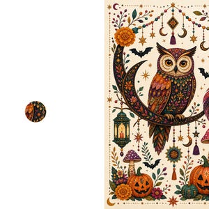 May include: A rectangular wall art print featuring a detailed owl perched on a crescent moon. The design includes orange pumpkins, colorful flowers, hanging lanterns, stars, and bats on a cream background. A small circular detail is shown separately.