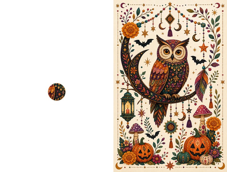 May include: A rectangular wall art print featuring a detailed owl perched on a crescent moon. The design includes orange pumpkins, colorful flowers, hanging lanterns, stars, and bats on a cream background. A small circular detail is shown separately.