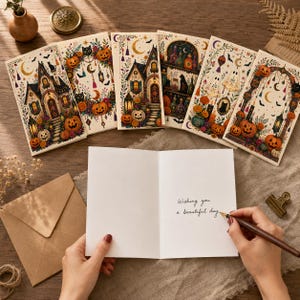 Boho Halloween Greeting Card Set of 18, Blank Inside, Kraft Envelopes image 3