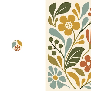 May include: A rectangular print featuring a botanical illustration with stylized flowers, leaves, and berries in shades of mustard yellow, olive green, terracotta orange, and muted blue on a cream background, with a small circular icon to the left.