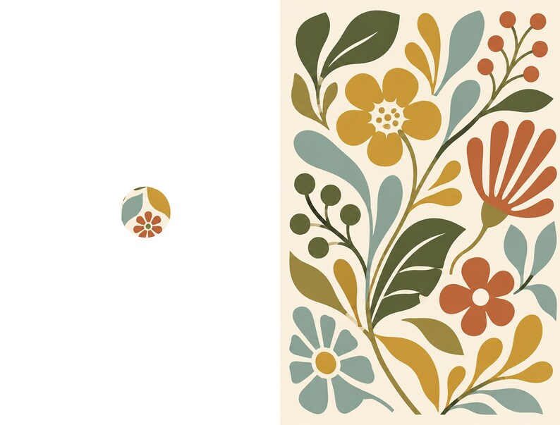May include: A rectangular print featuring a botanical illustration with stylized flowers, leaves, and berries in shades of mustard yellow, olive green, terracotta orange, and muted blue on a cream background, with a small circular icon to the left.