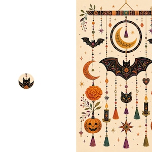 May include: A vertical wall hanging illustration featuring a central black bat, orange pumpkins, marigold flowers, crescent moons, and lit candles. The design includes hanging beaded strands with tassels, stars, and small black cat faces on a cream background.