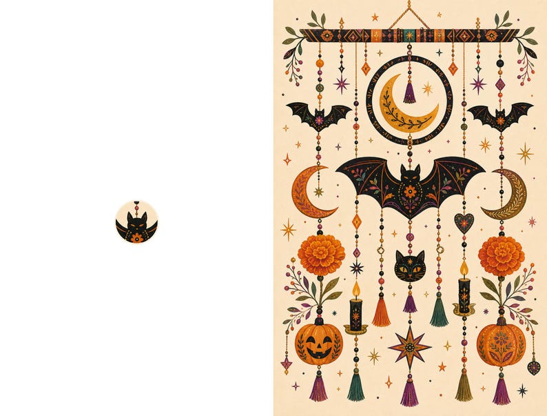 May include: A vertical wall hanging illustration featuring a central black bat, orange pumpkins, marigold flowers, crescent moons, and lit candles. The design includes hanging beaded strands with tassels, stars, and small black cat faces on a cream background.