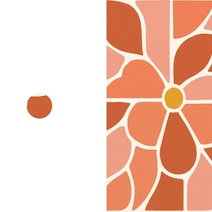 May include: A rectangular print featuring a stylized flower pattern with a central yellow circle surrounded by overlapping petal shapes in shades of terracotta, burnt orange, and light pink, separated by thick white lines, alongside a small terracotta circle.