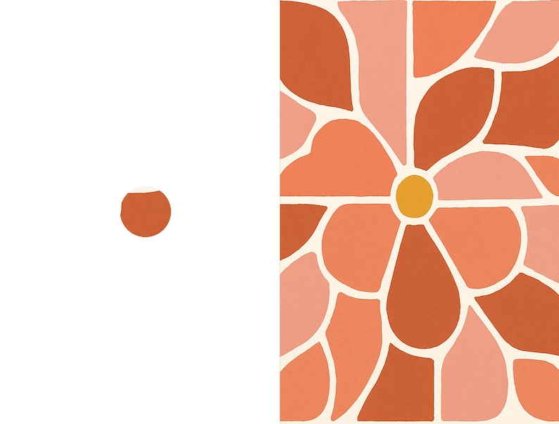 May include: A rectangular print featuring a stylized flower pattern with a central yellow circle surrounded by overlapping petal shapes in shades of terracotta, burnt orange, and light pink, separated by thick white lines, alongside a small terracotta circle.
