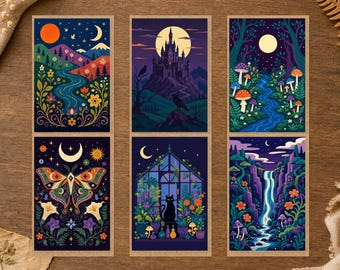 May include: A set of six rectangular art prints featuring colorful illustrations of a mountain landscape, a dark castle, a forest with mushrooms, a large moth, a greenhouse with a black cat, and a waterfall, all set against a dark night sky.