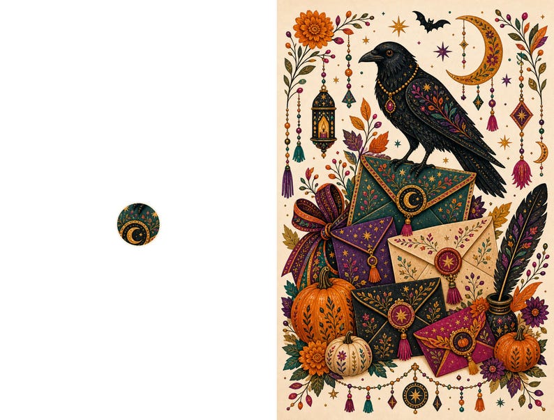 Boho Halloween Greeting Card Set of 18, Blank Inside, Kraft Envelopes image 15