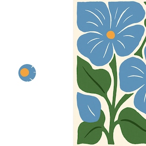 May include: A rectangular art print featuring two large blue flowers with yellow centers and green leaves on a cream background, accompanied by a small circular icon showing a single blue flower with a yellow center on a white background.