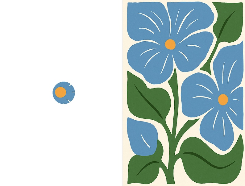 May include: A rectangular art print featuring two large blue flowers with yellow centers and green leaves on a cream background, accompanied by a small circular icon showing a single blue flower with a yellow center on a white background.