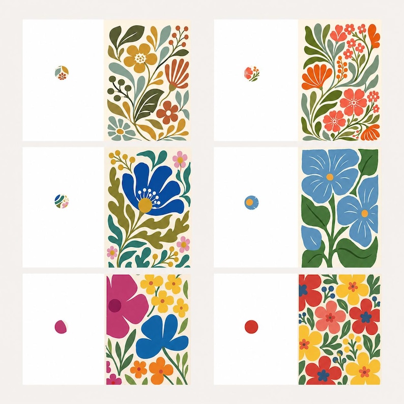 May include: Six rectangular art prints arranged in two columns, each featuring a distinct floral pattern with vibrant colors including yellow, orange, blue, red, pink, and green, paired with a small circular color swatch icon on the left side.