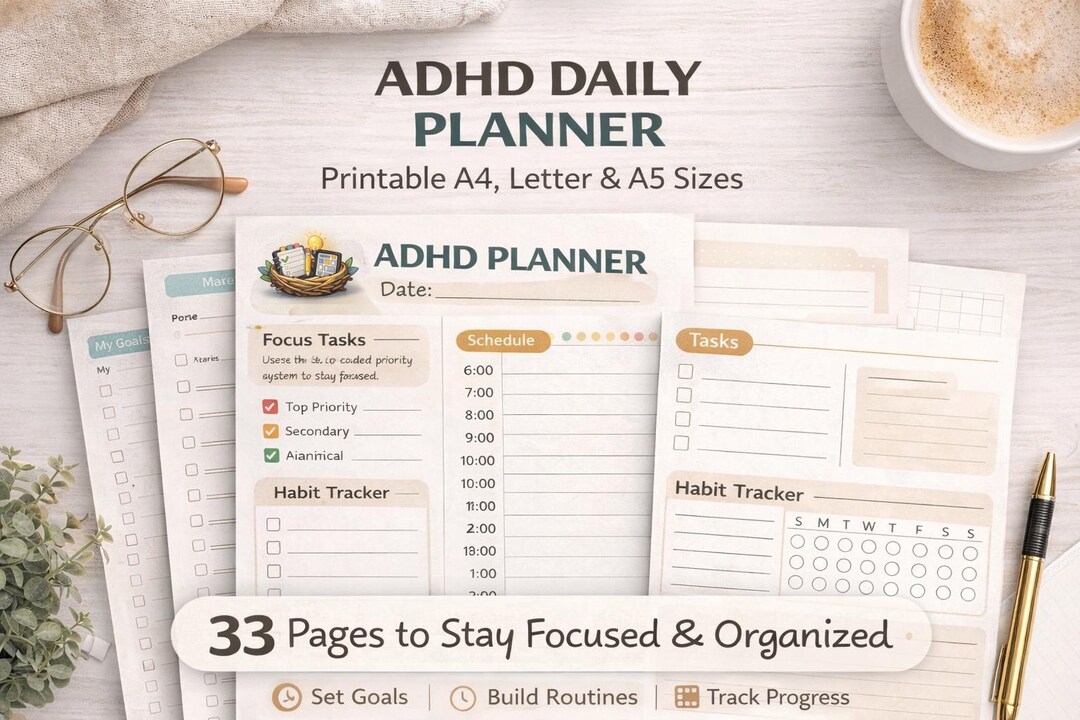 ADHD Planner Printable PDF | 33 Page ADHD Workbook | Daily Weekly ...