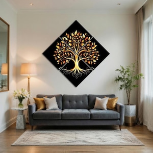 May include: A four-panel wall art piece featuring a golden tree design against a black background. The tree has intricate roots and branches with gold and orange leaves. The artwork is displayed above a gray sofa with decorative pillows.