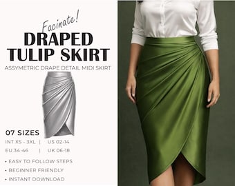 Draped Skirt Sewing Pattern | Asymmetrical Midi Pencil Skirt Sewing Pattern | High Waist Gathered Skirt Pattern | XS-3XL | Instant Download