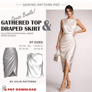 May include: A PDF sewing pattern bundle for a gathered top and draped skirt. The image shows a woman in a cream dress, plus illustrations of the top and skirt. The text indicates the pattern is available in 7 sizes, with UK sizes 06-18.