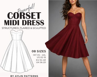 Corset Dress Pattern | Strapless Ball Corset Dress Pattern | Bustier Midi Dress Pattern | Prom Dress Pattern | Plus Size | Sizes XS-4XL