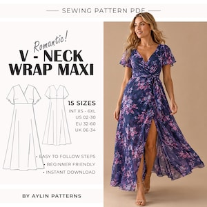 Patron de couture pour robe portefeuille | Patron de robe maxi col V | Patron de robe en lin | Robe longue | Patron de robe femme | Grandes tailles | 2XS - 6XL (PDF)