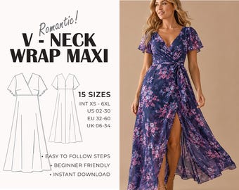 Wrap Dress Sewing Pattern | V-Neck Pattern | Maxi Dress Pattern | Summer Dress | Prom Dress | Woman Dress | Plus Size |  XS - 6XL | A4 A0 US
