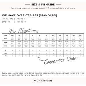 K&ouml;nnte beinhalten: Eine schwarz-wei&szlig;e Gr&ouml;&szlig;en- und Passformtabelle f&uuml;r Schnittmuster von Aylin Patterns. Sie zeigt Ma&szlig;e in Zentimetern und Zoll f&uuml;r Brust, Taille und H&uuml;fte von Gr&ouml;&szlig;e XXS bis 6XL sowie eine Umrechnungstabelle f&uuml;r UK-, USA- und EU-Gr&ouml;&szlig;en.