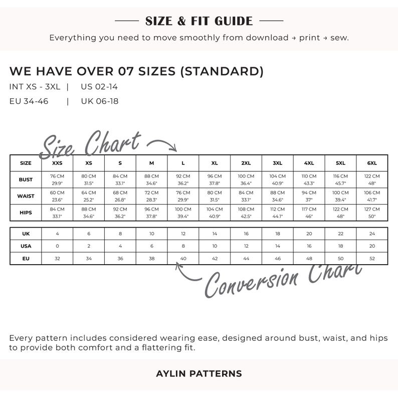 K&ouml;nnte beinhalten: Eine schwarz-wei&szlig;e Gr&ouml;&szlig;en- und Passformtabelle f&uuml;r Schnittmuster von Aylin Patterns. Sie zeigt Ma&szlig;e in Zentimetern und Zoll f&uuml;r Brust, Taille und H&uuml;fte von Gr&ouml;&szlig;e XXS bis 6XL sowie eine Umrechnungstabelle f&uuml;r UK-, USA- und EU-Gr&ouml;&szlig;en.