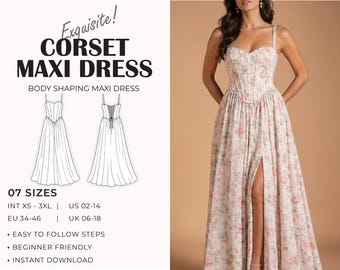 Corset Dress Pattern | Maxi Dress Pattern | Prom Dress Pattern | Front Slit Evening Dress | Plus Size Pattern | A4 A0 US Letter PDF | XS-3XL