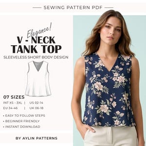 May include: A navy blue V-neck tank top with a floral pattern, next to a white illustration of the top. The image includes text that reads "Elegance! V-NECK TANK TOP" and "SLEEVELESS SHORT BODY DESIGN". The pattern is available in 7 sizes.