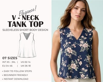 V-Neck Tank Top Sewing Pattern | Linen Top Sewing Pattern | Sleeveless Top Sewing Pattern | Beginner Friendly | XS–3XL | A4, A0 & US Letter