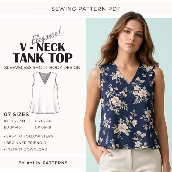 V-Neck Tank Top Sewing Pattern | Linen Top Pattern | Sleeveless Top Pattern | Summer Top | Beginner Friendly | XS–3XL | A4, A0 & US Letter