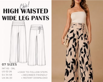 High Waist Wide Leg Pants Pattern | Yoke Pants With Ties | Women Pants Sewing Pattern | Linen Pants Pattern | Plus Size | PDF | XS - 3XL