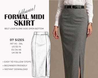 Pencil Skirt Sewing Pattern PDF | High Waist Midi Skirt Pattern | Knit Skirt Pattern | Office Skirt Pattern | Beginner Friendly | XS – 3XL