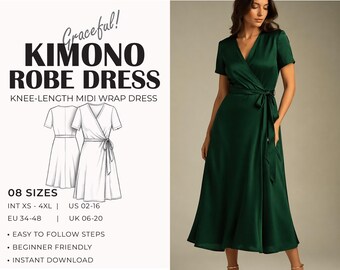 Modello per kimono/vestaglia / Modello per abito a portafoglio con scollo a V / Modello per abito in lino / Modello per abito estivo da donna / Adatto ai principianti / A4 A0 e US